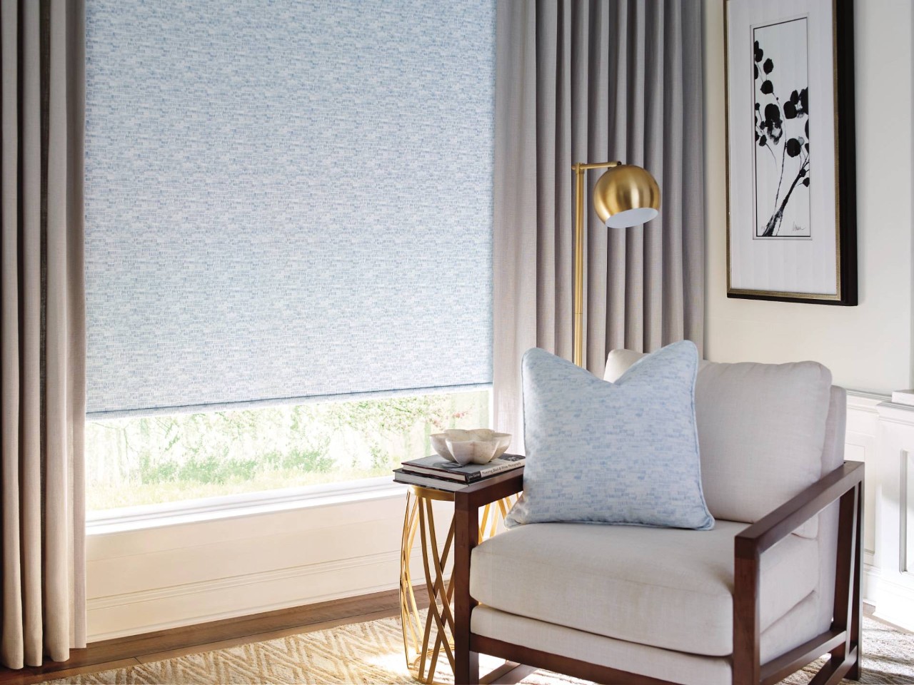 Brown Hunter Douglas Design Studio™ Custom Drapes in a stylish sitting area near North Dartmouth, MA